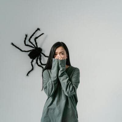 Mulher em frente a uma grande aranha decorativa na parede, simbolizando fobias e enfrentamento terapêutico.