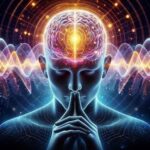 Representação visual da neuroplasticidade do cérebro com padrões de ondas e conectividade neural.