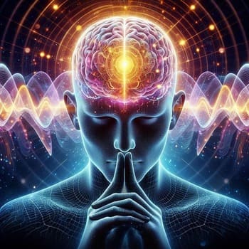 Representação visual da neuroplasticidade do cérebro com padrões de ondas e conectividade neural.